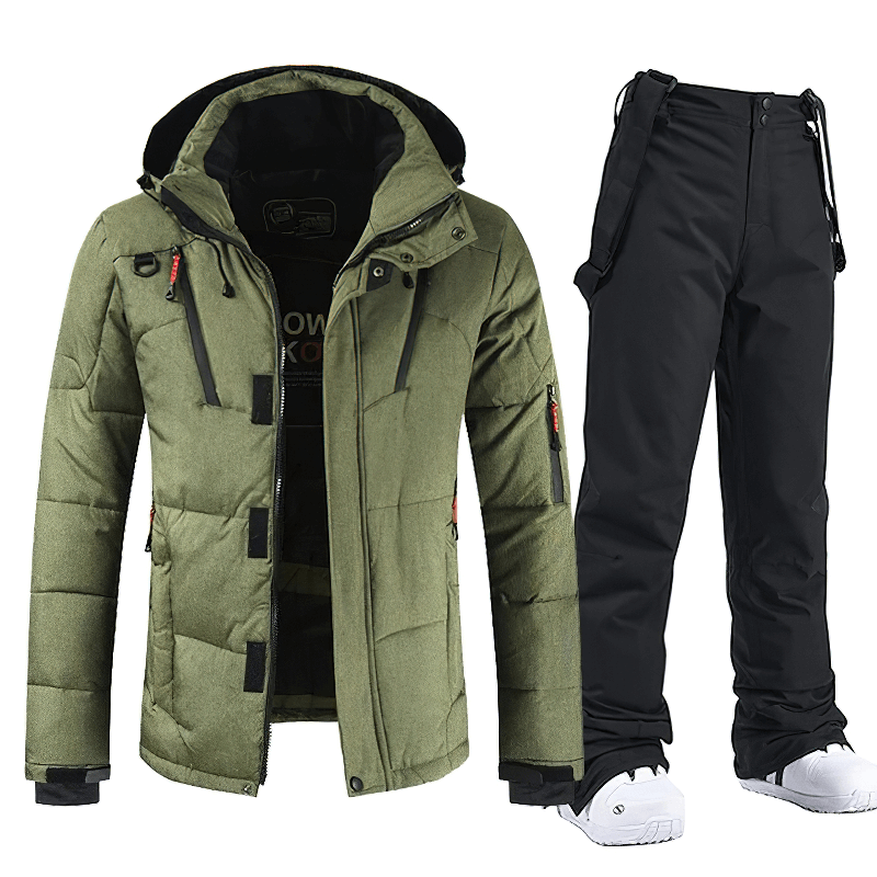 Warm Windproof Waterproof Outdoor Sports Ski Suit SF1783 in olive green jacket and black pants, ideal for winter activities.